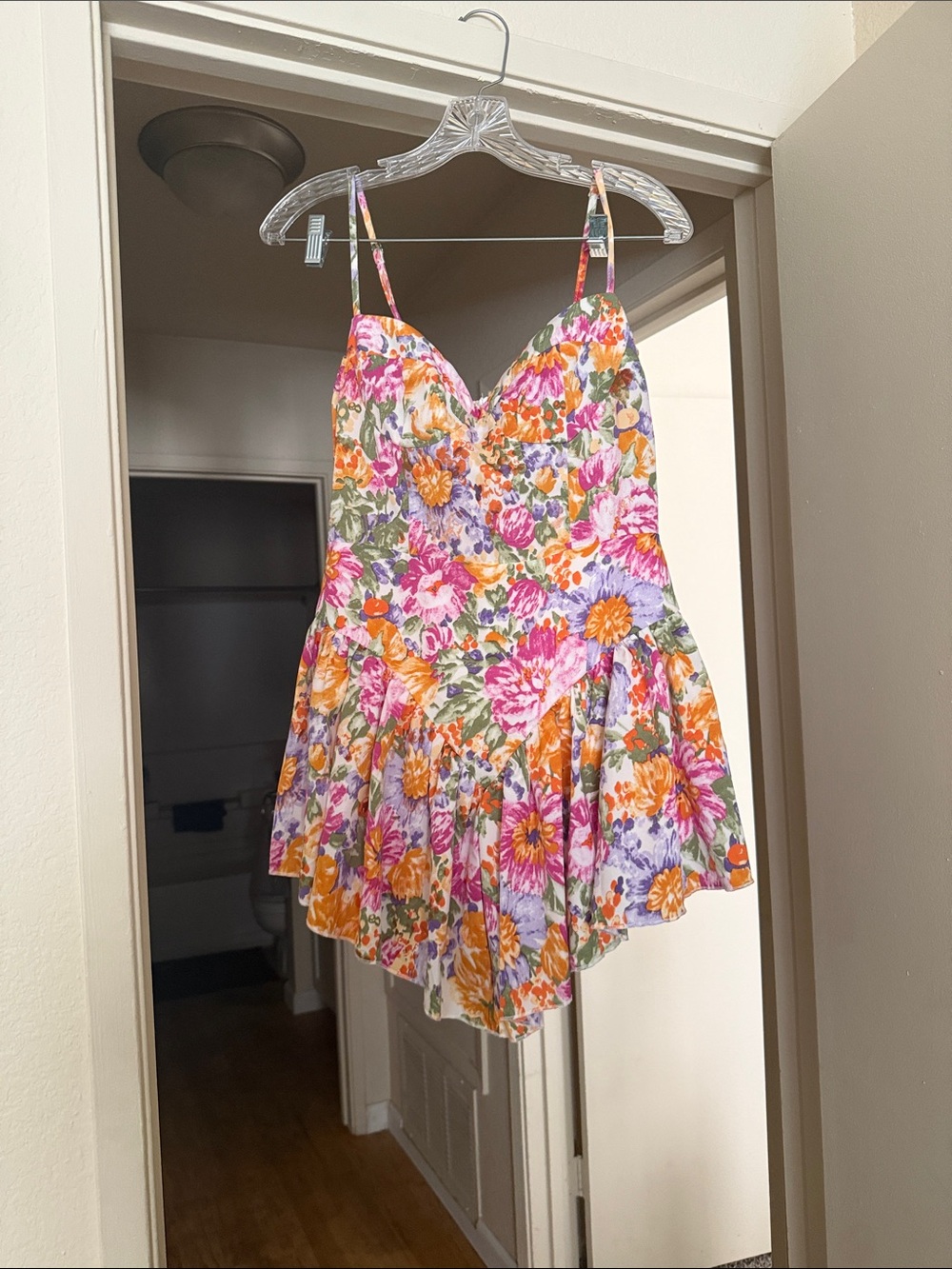 Floral Spaghetti-Strap Women’s Dress with built in shorts - Pink & Orange